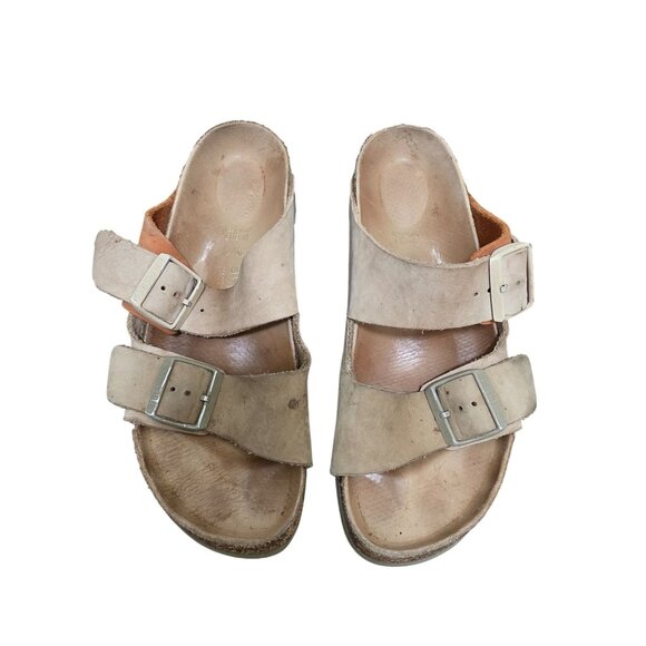 Birkenstock Arizona Beige/Brown Leather Cork Sole Double Strap Buckle Women's Si - Picture 1 of 13